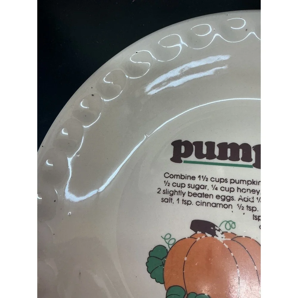 Vintage Pumpkin Pie Recipe Ceramic Dish Scalloped Edge 10.5 Inch Thanksgiving
